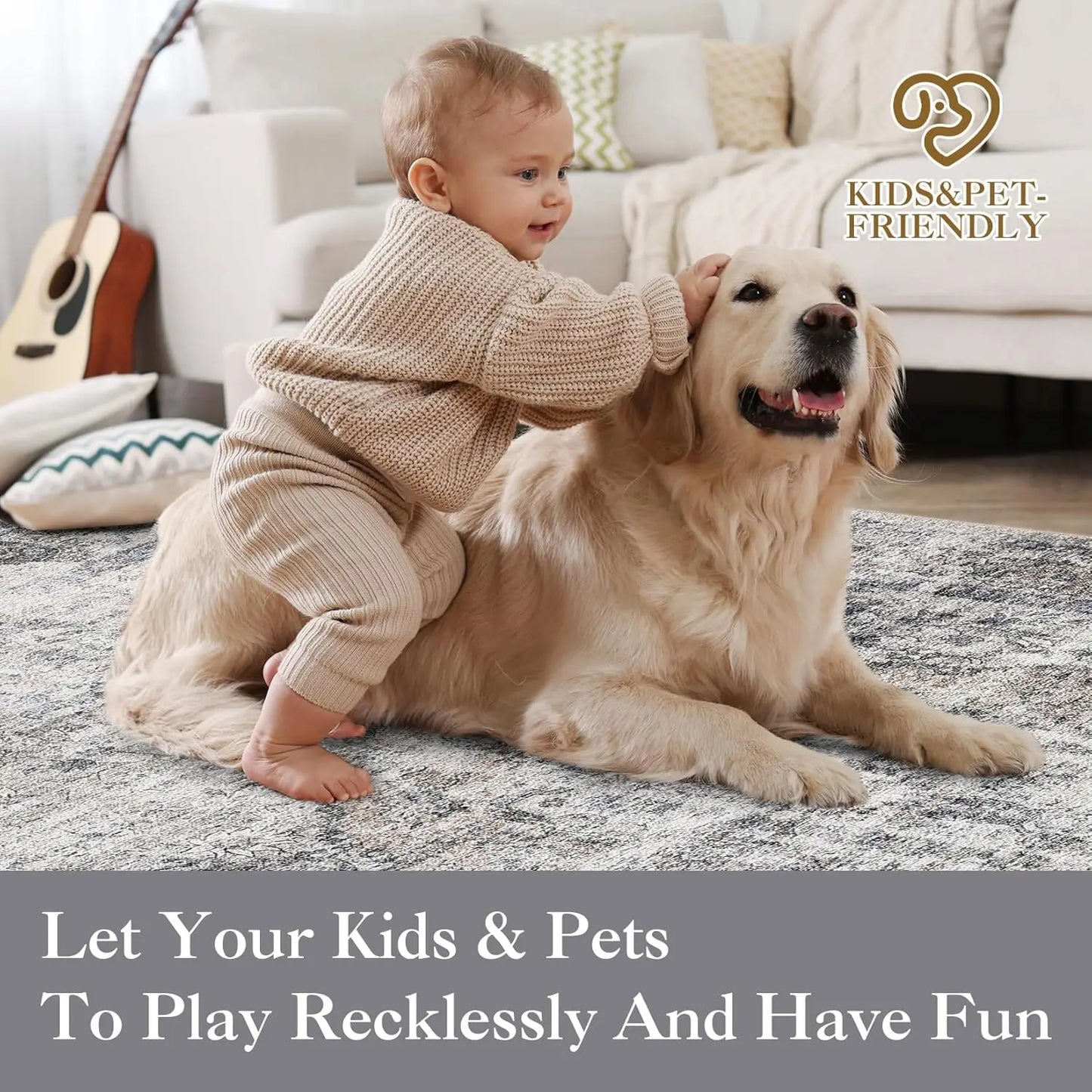 Washable, Stain-Resistant Area Rug , Nonslip Backing- 2 Color and 3 Size Selections