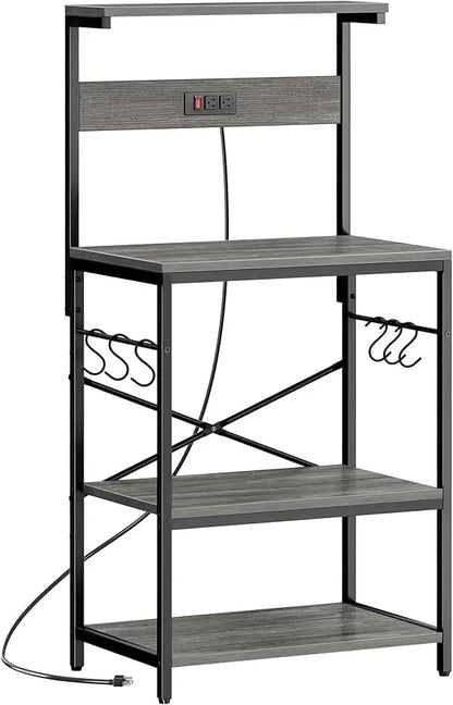 Kitchen Bakers Rack with Power Outlet, 4 Tier and 6 S-shaped Hooks.  Shelves are adjustable.  5 Colors