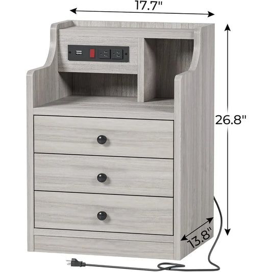 Nightstand Set of 2, Gray with Charging Station & Hutch top with 3 Drawers and Shelves on top
