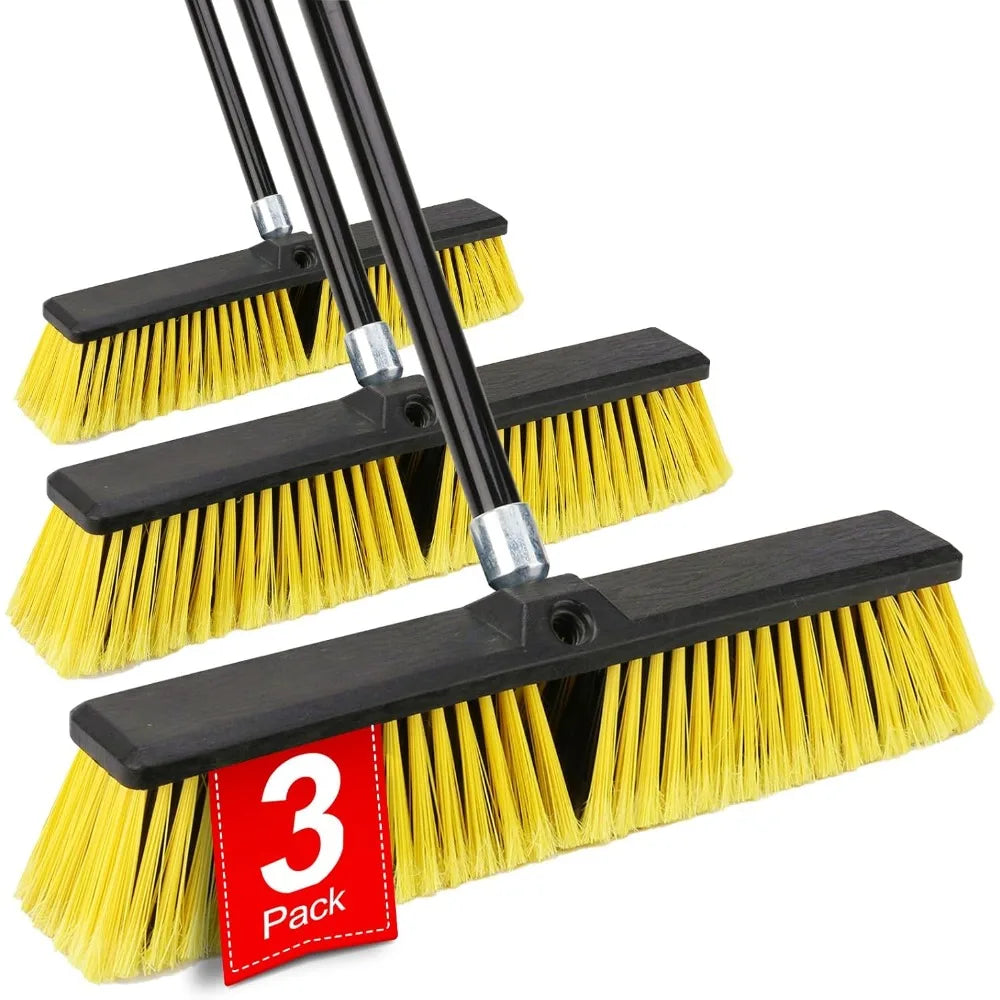 3 Pcs Push Brooms, Different Widths, Outdoor- Heavy Duty with 63" Long Handle