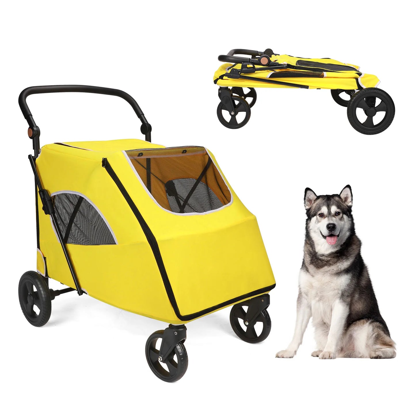 360° Swivel Breathable Pet Stroller-4 Wheels Rotate, Brakes, Height-Adjustable for Medium, Large Dogs
