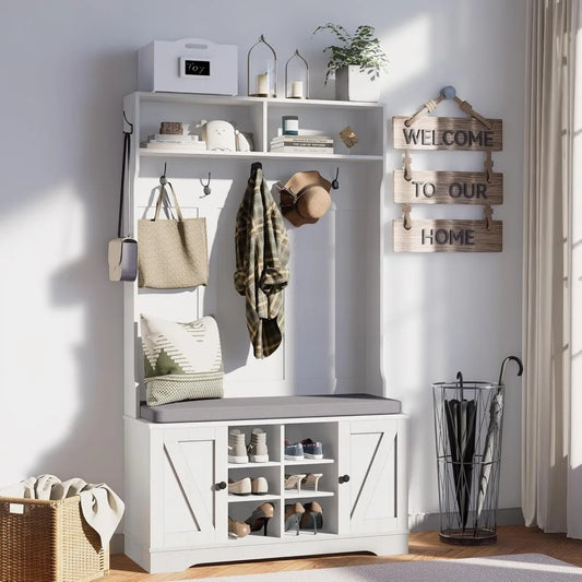 Starjoy 71" Hall Tree With Cushioned Bench, Shelves And Shoe Storage