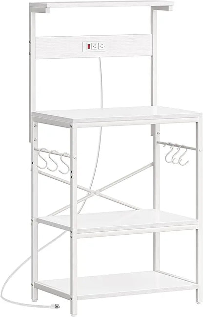 Kitchen Bakers Rack with Power Outlet, 4 Tier and 6 S-shaped Hooks.  Shelves are adjustable.  5 Colors
