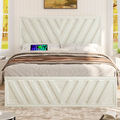Queen or Full Bed with Adjustable Headboard, Farmhouse Platform Bed Wood with LED Light and Charging Station, 2 Color Choices