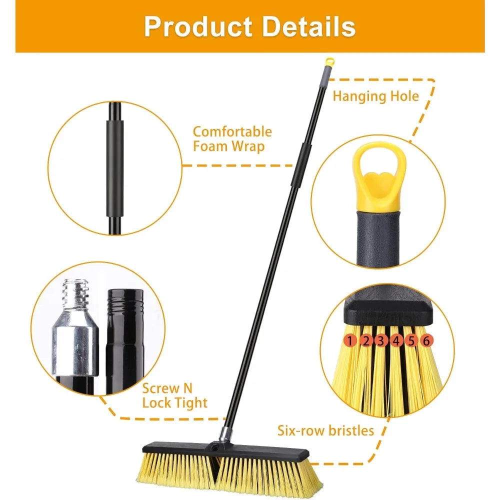 3 Pcs Push Brooms, Different Widths, Outdoor- Heavy Duty with 63" Long Handle