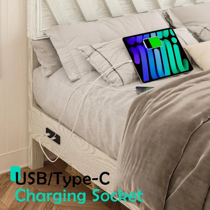 Queen or Full Bed with Adjustable Headboard, Farmhouse Platform Bed Wood with LED Light and Charging Station, 2 Color Choices