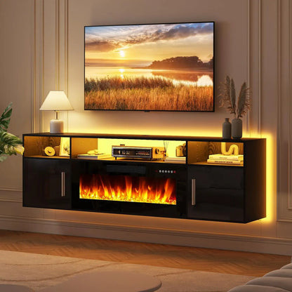 Floating Fireplace TV Stand 70'' ,  with LED Lights and Remote