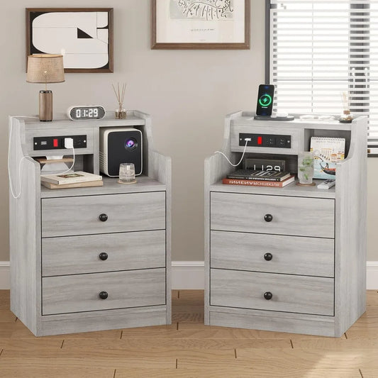 Nightstand Set of 2, Gray with Charging Station & Hutch top with 3 Drawers and Shelves on top