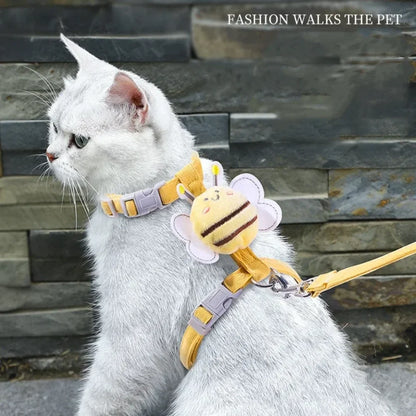 Cat Harness, Leash, Collar Set, Adjustable, Adorable Bee, Double Layer Cat Harness, Small, Medium, Blue, Yellow