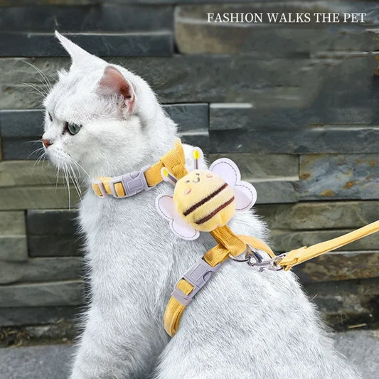 Cat Harness, Leash, Collar Set, Adjustable, Adorable Bee, Double Layer Cat Harness, Small, Medium, Blue, Yellow
