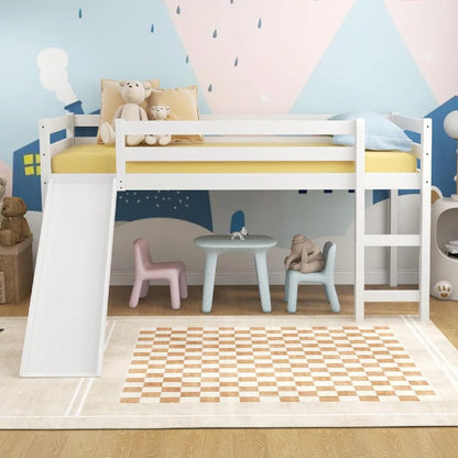 Wooden Twin Size Kids Loft Bed with Slide, Climbing Ladder, and Storage for Toddlers and Girls, White