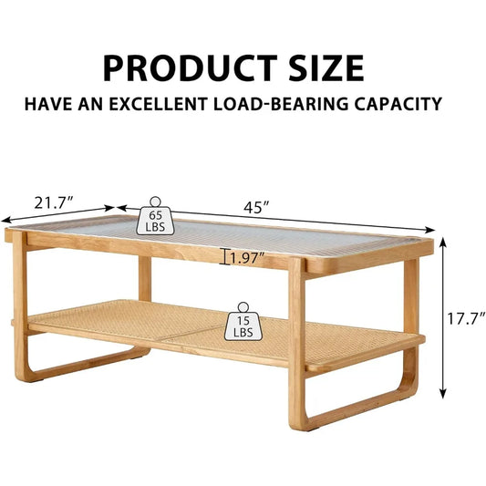 Rattan Coffee Table with Tempered Glass Top, Storage Shelf