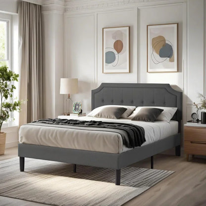 Queen, Full or Twin  Size Platform Bed Frame with Fabric Upholstered Headboard and Wooden Slats Support, No Box Spring Needed/Assembly,