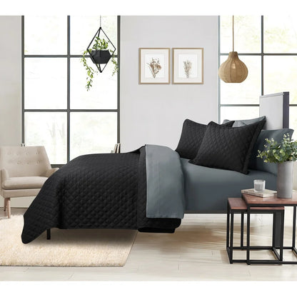 7 Piece King Reversible Quilt Set with Coordinated Sheets, Black