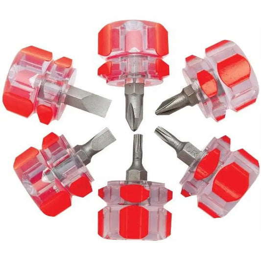 6pc Mini Stubby Screwdriver Set, Tight Spaces and Precision Work, Phillips Slotted Star CR-V Tips, Short Transparent Handle T