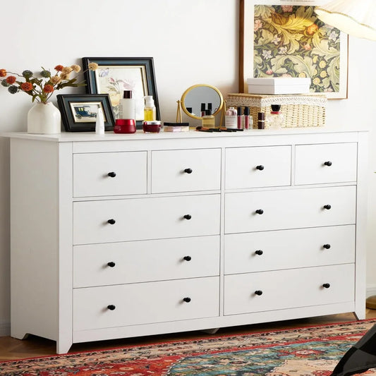 10 Drawer Dresser for Bedroom, Wide Chest of Drawers, White or Black