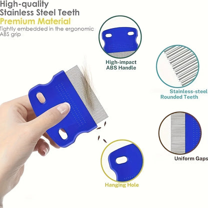 Pack of 4 Flea and Lice Combs, Stainless Steel, Rabbit, Dog, Cat Grooming Comb with Rounded Edges, Double-sided