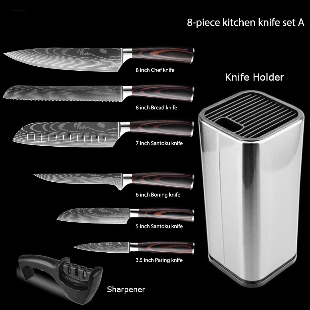 1-10Pcs Chef Knives, Japanese Santoku Kitchen Knives Set, Includes Sharp Cleaver, Slicing Utility Knife , Choice of Sets