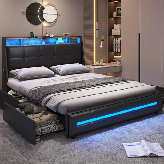 Full Black Platform Bed with Storage, LED Lights, USB Ports, 4 Drawers, Upholstered Headboard - Modern Style, No Box Spring