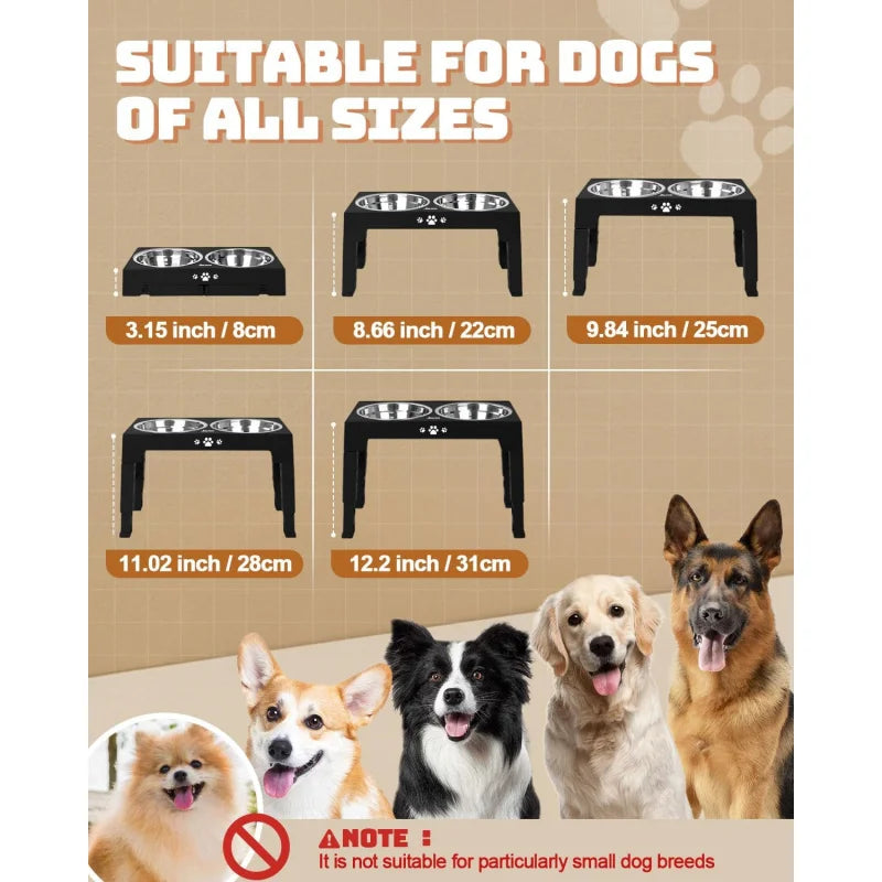 Adjustable Elevated Dog Bowls Stand with 2 Stainless Steel Bowls, and a Slow Feeder Bowl, Non Slip Feet, Dishwasher Safe for Medium/Large Dogs, White, Black or Gray