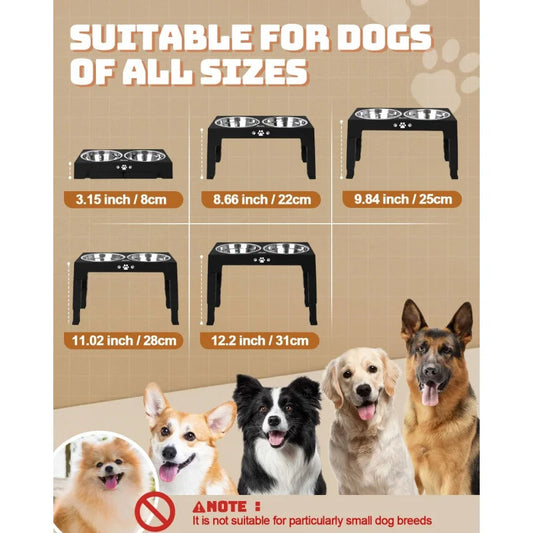 Adjustable Elevated Dog Bowls Stand with 2 Stainless Steel Bowls, and a Slow Feeder Bowl, Non Slip Feet, Dishwasher Safe for Medium/Large Dogs, White, Black or Gray