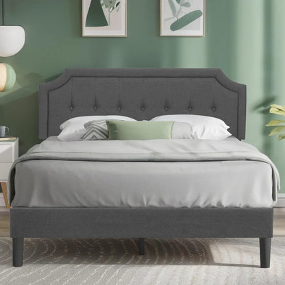 Queen, Full or Twin  Size Platform Bed Frame with Fabric Upholstered Headboard and Wooden Slats Support, No Box Spring Needed/Assembly,