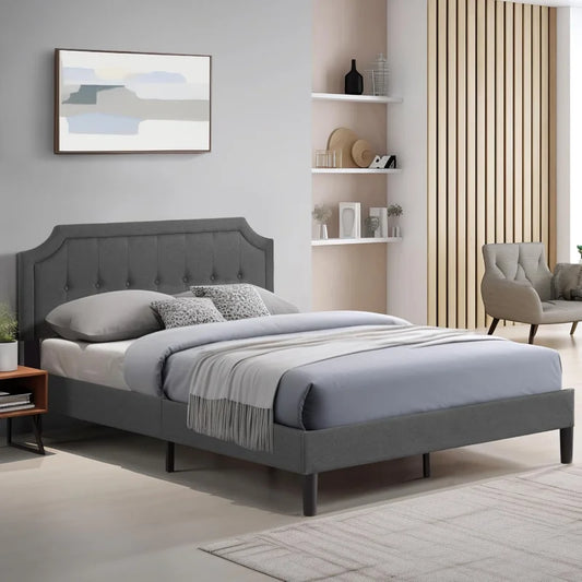Queen, Full or Twin  Size Platform Bed Frame with Fabric Upholstered Headboard and Wooden Slats Support, No Box Spring Needed/Assembly,