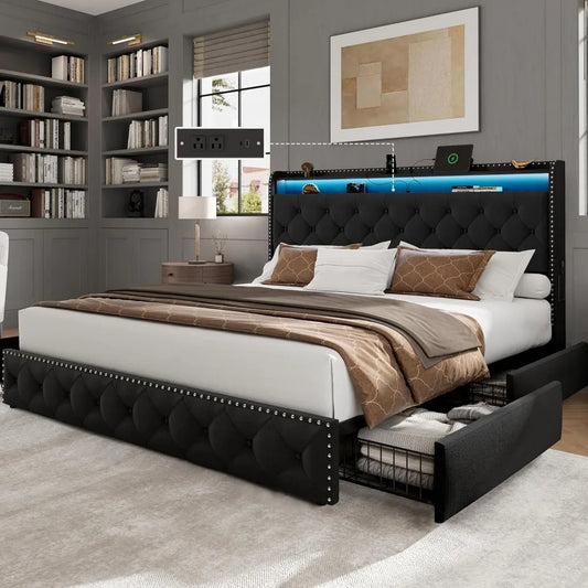King Size Bed Frame: 4-Drawer, Velvet Platform with LED Lights & USB-C Charging - Tufted Upholstered Headboard