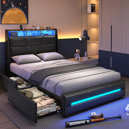Full Black Platform Bed with Storage, LED Lights, USB Ports, 4 Drawers, Upholstered Headboard - Modern Style, No Box Spring