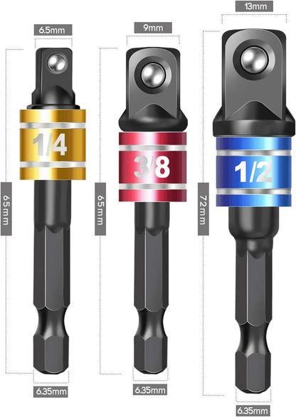 6Pcs Right Angle Drill Attachments:  Includes 2Pcs Hex Shank,105° Angle Drill Adapter and 90° Angled Bits-3Pcs Drill-Bit-Kit