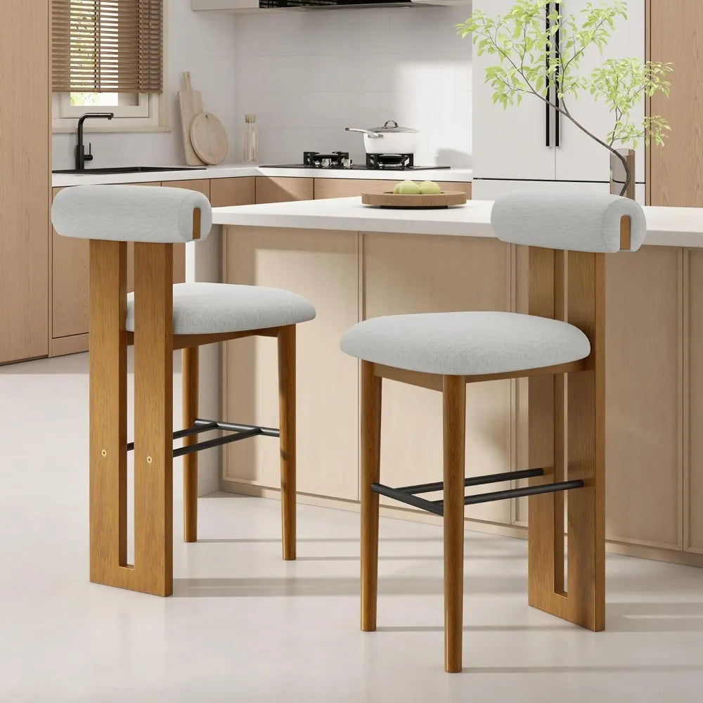 Set of 2 Wood Upholstered Barstools with Cloud-Top Backrest