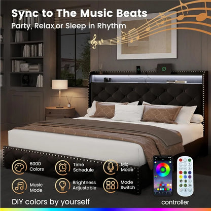 King Size Bed Frame: 4-Drawer, Velvet Platform with LED Lights & USB-C Charging - Tufted Upholstered Headboard