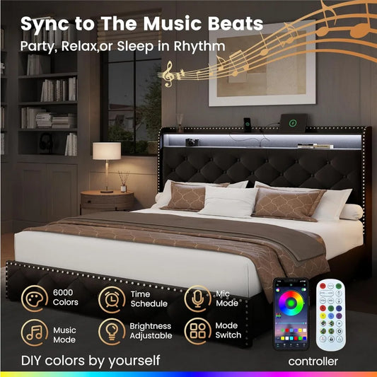 King Size Bed Frame: 4-Drawer, Velvet Platform with LED Lights & USB-C Charging - Tufted Upholstered Headboard
