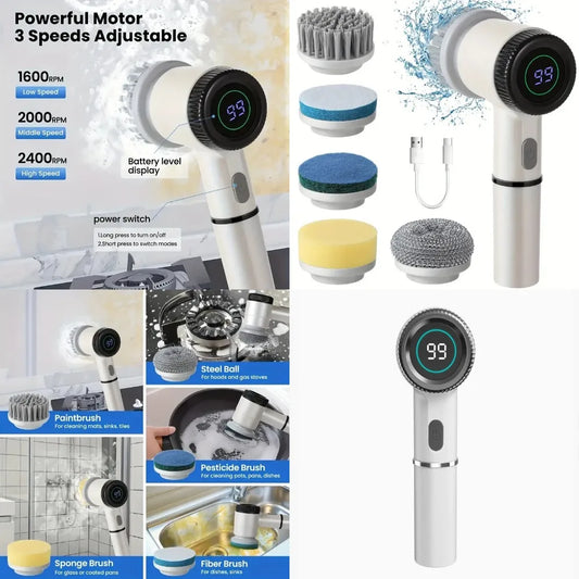 Electric Spin Scrubber, Cordless Shower Scrubber with Battery Level Display, 3 Speeds, Electric Scrubber with 5 Different Heads