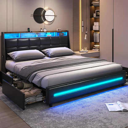 Full Black Platform Bed with Storage, LED Lights, USB Ports, 4 Drawers, Upholstered Headboard - Modern Style, No Box Spring