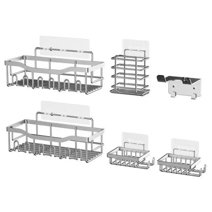6pcs Stainless Steel Bathroom Organization/Storage Racks, Kitchen Shelves, No Drill Wall Mounted