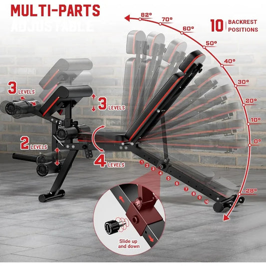 Workout Adjustable Weight Bench with Leg Extension and Leg Curl, Extended Headrest, 900LBS