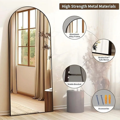 Arched Full Length Mirror, Free-Standing, Wall Mounted with Hooks